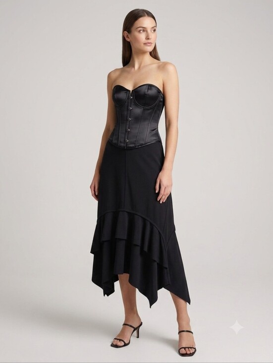 Danier Dresses & Skirts - Danier Black Asymmetrical Ruffle Tiered Midi Skirt Whimsigoth Goth Sz Large